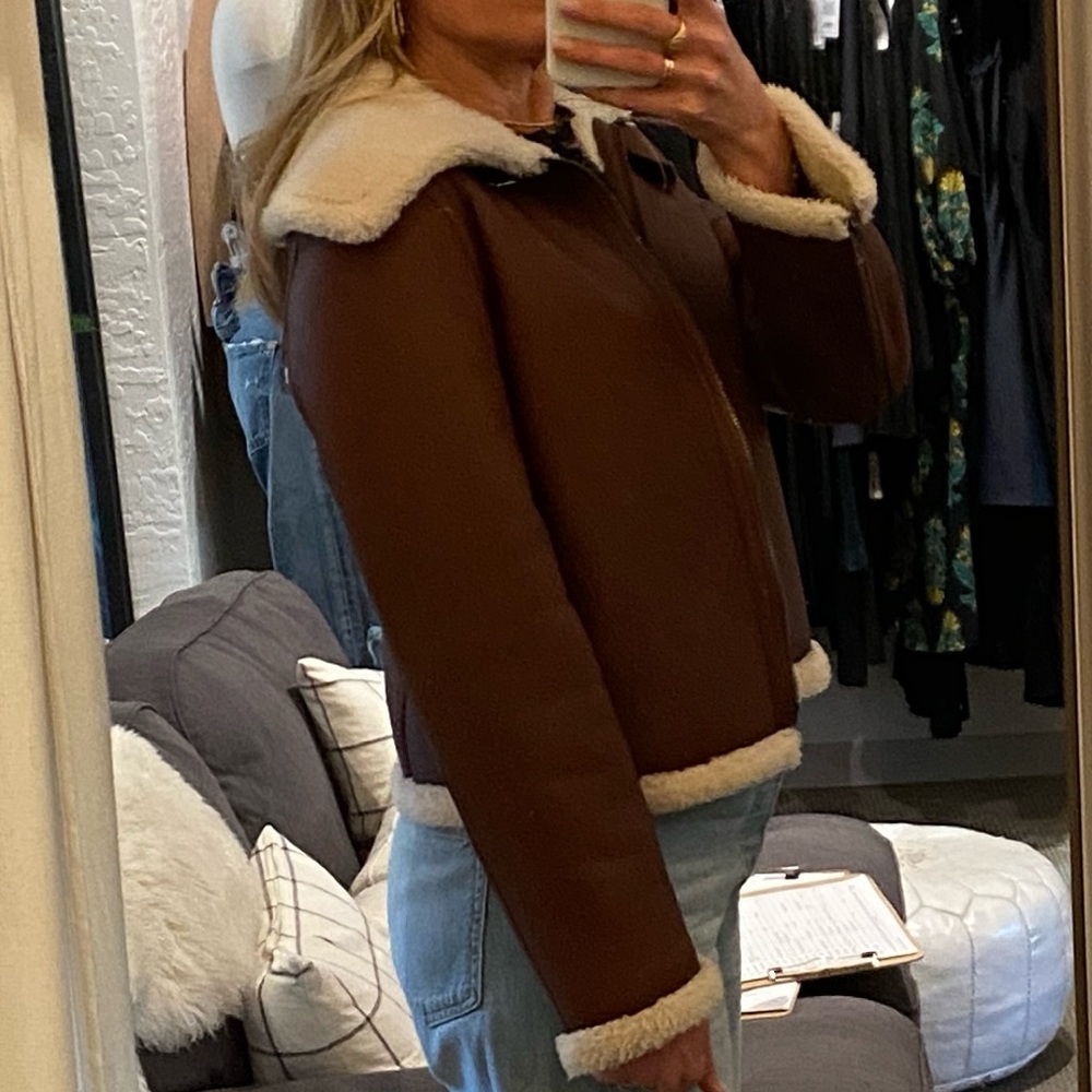 Theory Sedona Relax Shearling Moto Lamb's Leather Wide Collar Zip-Up Jacket - Picture 8 of 9